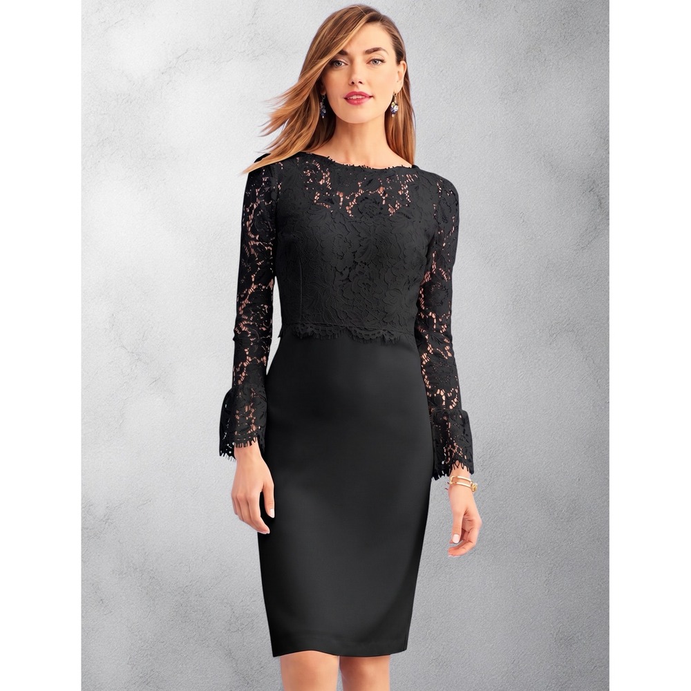 RSVP BY TALBOTS Crepe & Lace Black‎ Occasion Dress 3/4 Bell Sleeves, Size 6